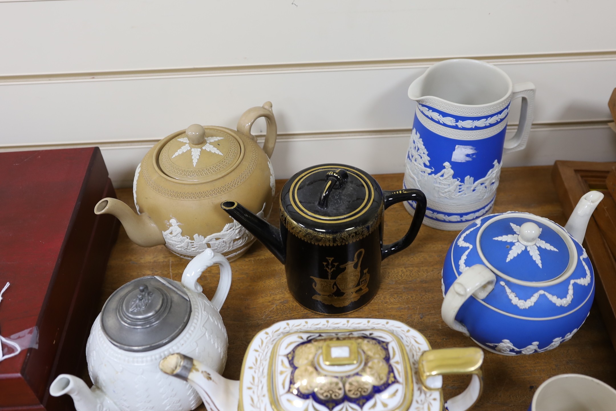 Two 19th century Copeland teapots, jug and mug, together with five other 19th century teapots, tallest jug 18cms high